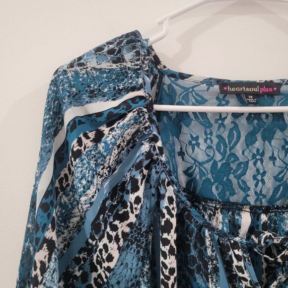 Womens Top Size 2X Blue Animal Print Leopard Striped Peasant Sheer - Picture 3 of 7